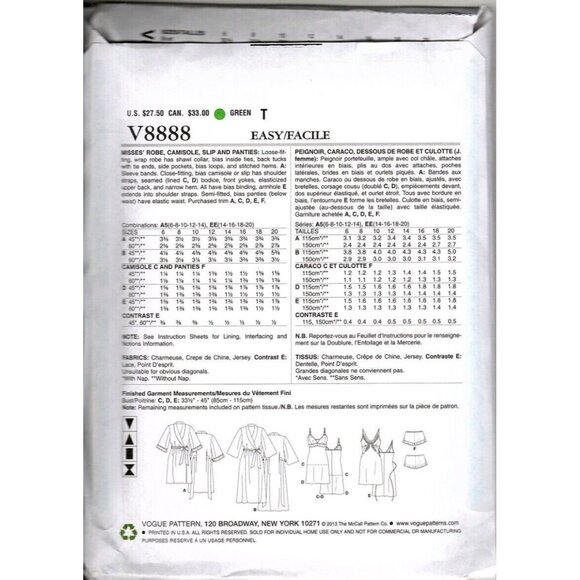 Vogue V8888 Misses 14 to 20 Robe, Slip, Camisole, Panties UNCUT Sewing Pattern - Picture 2 of 2